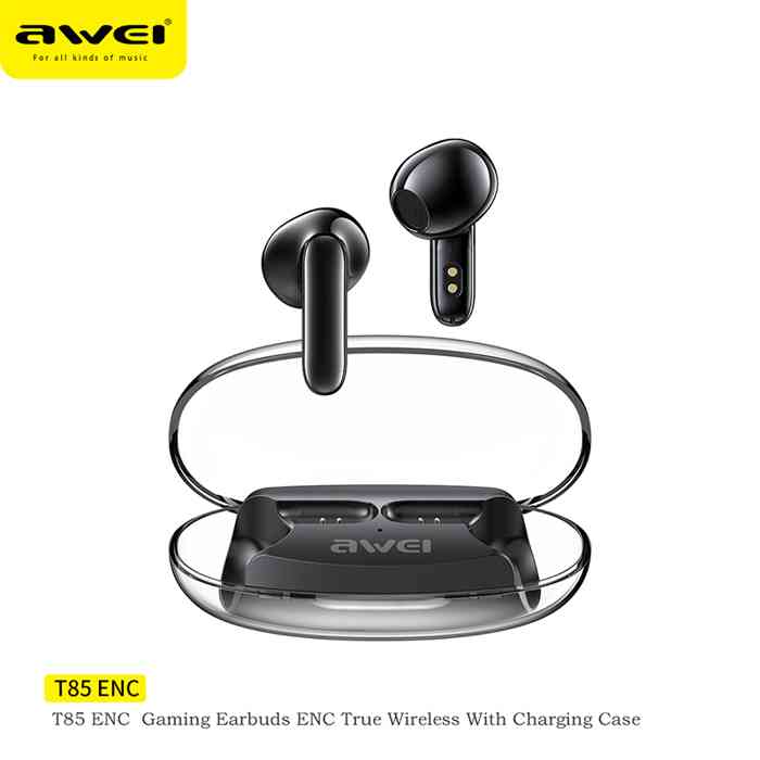 Awei T85 ENC Gaming Bluetooth Earbuds with Transparent Charging Case Long Life Battery